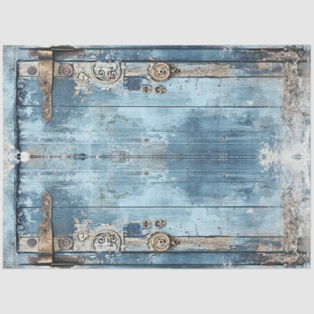 Decoupage Blue Weathered Gate Iron Scrollwork Tissue Paper (Front)