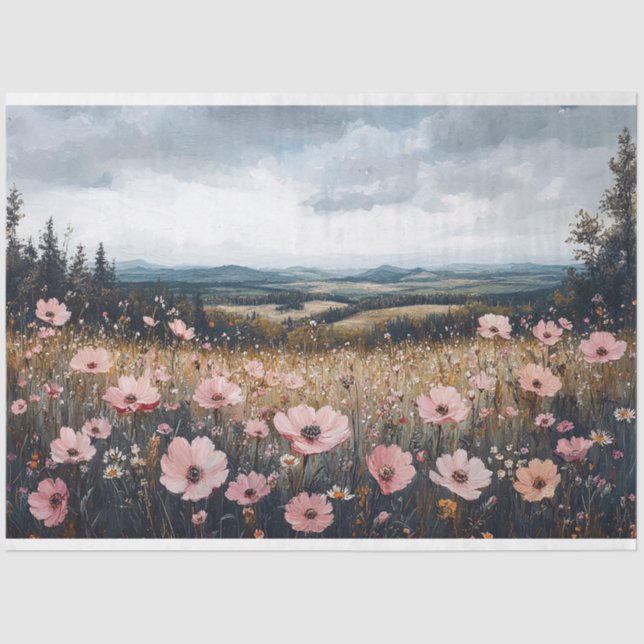 Decoupage Blush Pink Wildflowers Landscape Tissue Paper (Front)