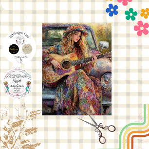 Decoupage Boho Girl Playing Guitar Vintage Truck  Tissue Paper