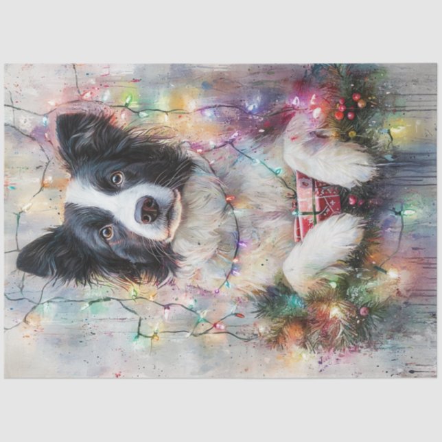 Decoupage Border Collie Colorful Christmas Lights Tissue Paper (Front)