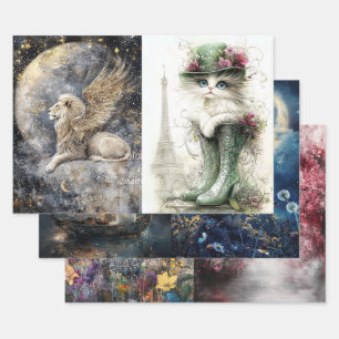 Decoupage Buddha, Girl Rabbit, Dandelions, Cat Wrapping Paper Sheets