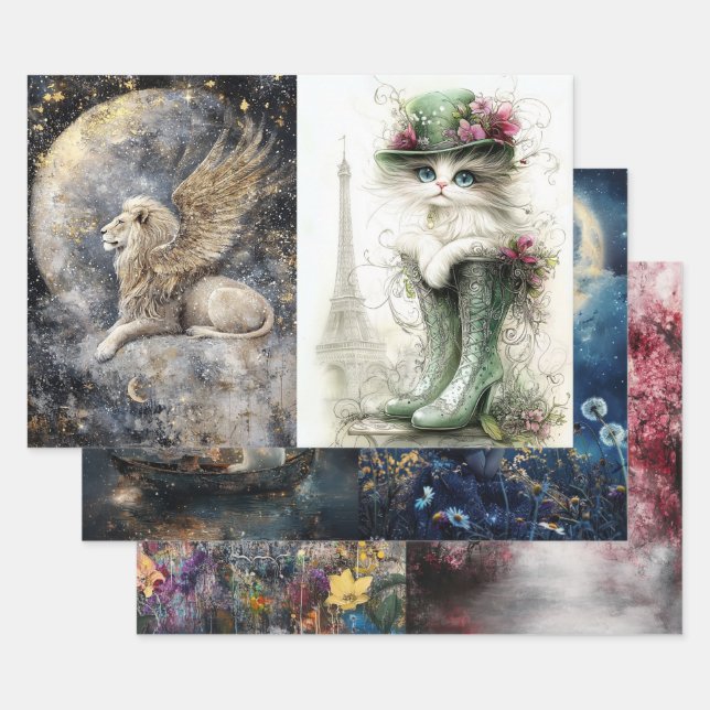 Decoupage Buddha, Girl Rabbit, Dandelions, Cat Wrapping Paper Sheets (Set)