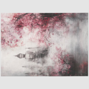 Decoupage Buddha Statue Cherry Blossom Trees Tissue Paper