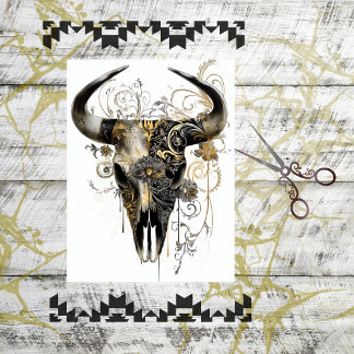 Decoupage Bull Skull Ornate Art Nouveau Floral Tissue Paper