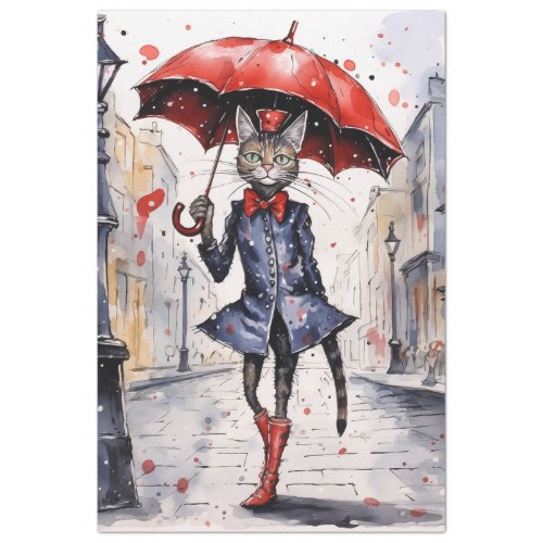 Decoupage Cat with red umbrella waling in the rain Tissue Paper