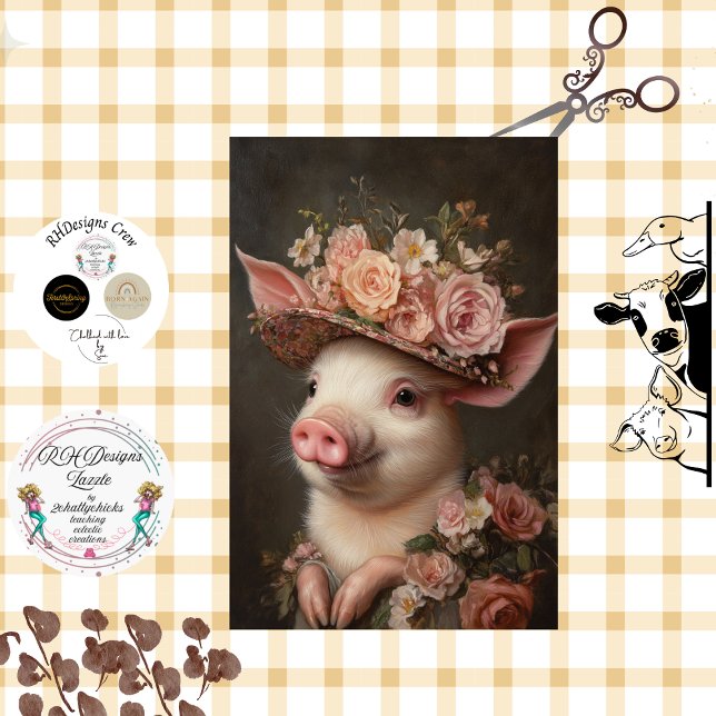 Decoupage Charming Pig Ordained in Pink Flowers Tissue Paper (Creator Uploaded)