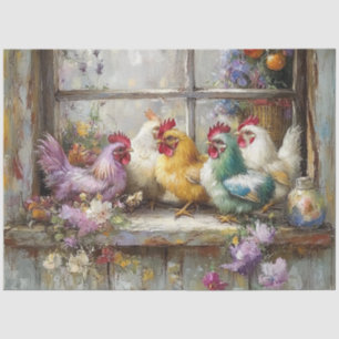 Decoupage Chickens Perched on Windowsill Tissue Paper