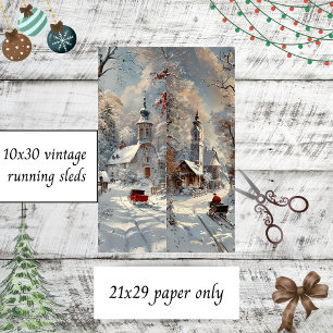 Decoupage Church Winter Scene Vintage Sled Runner Tissue Paper