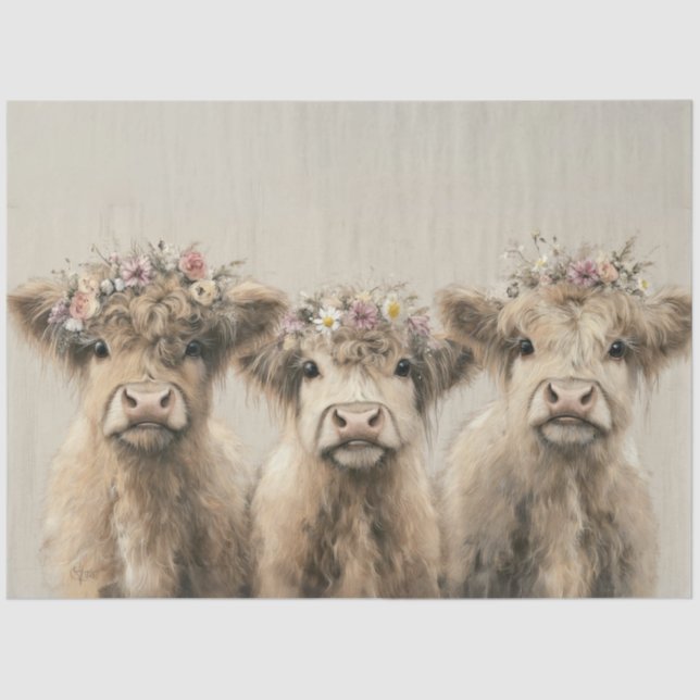 Decoupage Countryside Highland Calves Floral Crown Tissue Paper (Front)