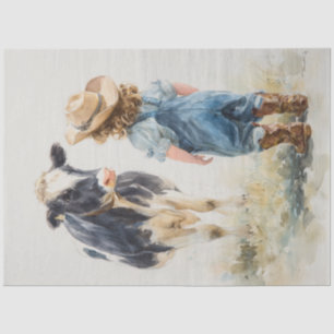 Decoupage Cow & Lil Girl Talking in Field Tissue Paper