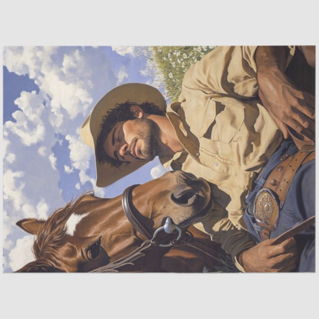 Decoupage Cowboy & Horse Resting Field Sunny Day Tissue Paper (Front)