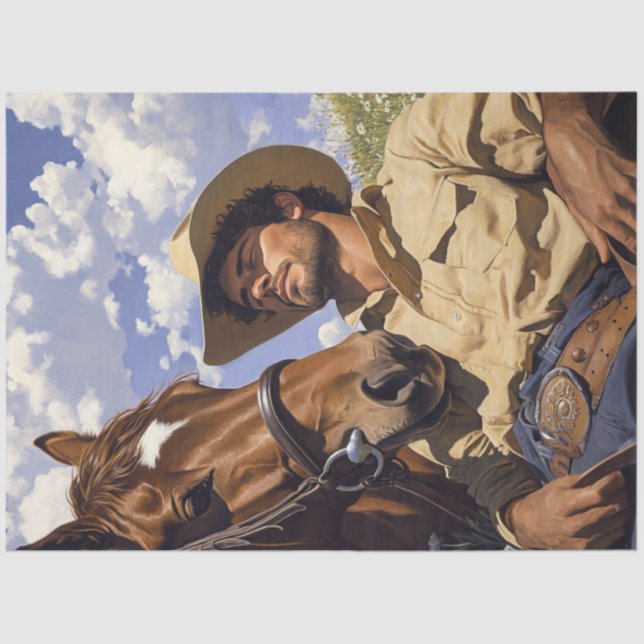 Decoupage Cowboy & Horse Resting Field Sunny Day Tissue Paper (Front)