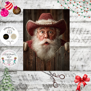 Decoupage Cowboy Santa Peeking Rustic Fence Tissue Paper