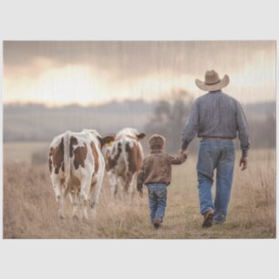 Decoupage Cowboy & Son Hand n Hand With Cattle Tissue Paper