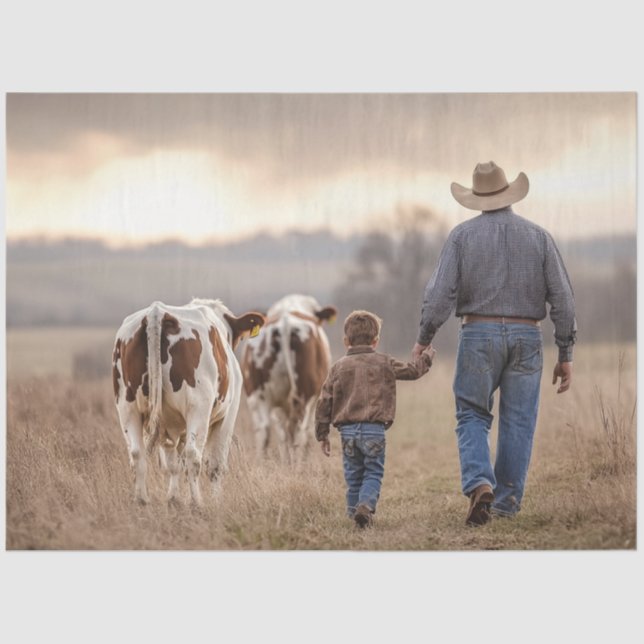 Decoupage Cowboy & Son Hand n Hand With Cattle  Tissue Paper (Front)