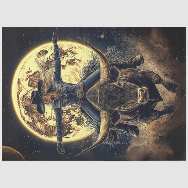 Decoupage Cowgirl Riding Bull on Moon Backdrop  Tissue Paper (Front)