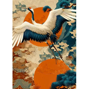 Decoupage Cranes Asian Pine Tree with Rising Sun Tissue Paper