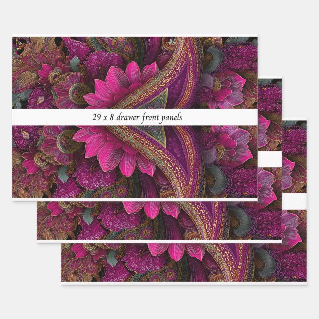 Decoupage Drawer Front Panel Paisley Fuchsia Gold Wrapping Paper Sheets (Set)