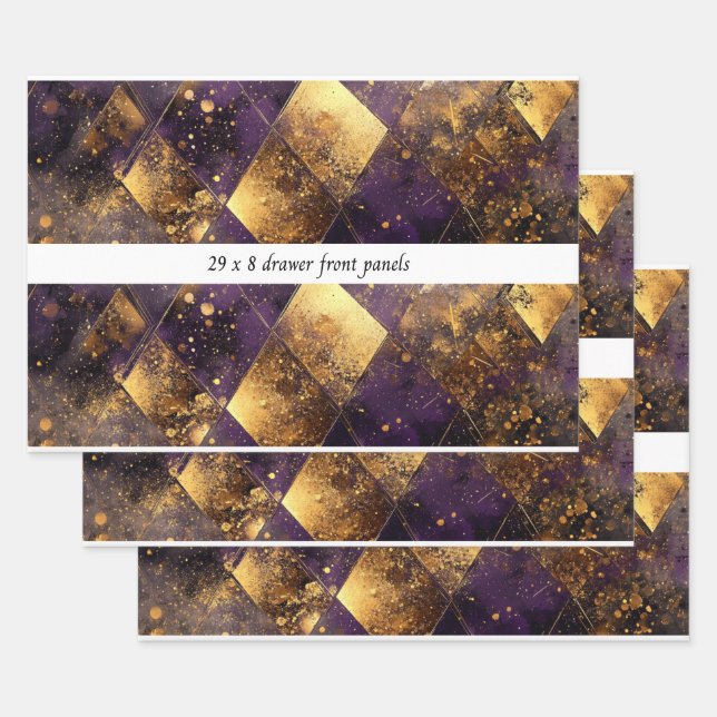 Decoupage Drawer Panel Luxe Diamond Purple Gold Wrapping Paper Sheets (Set)