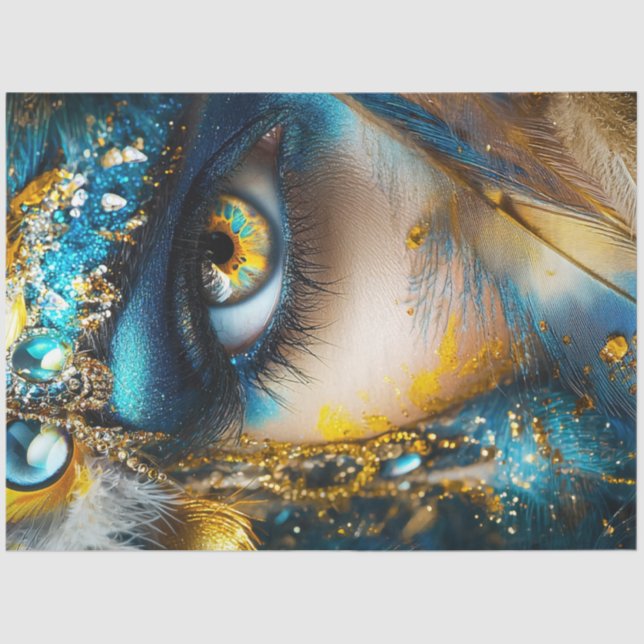 Decoupage Elaborate Eye Intricate Blue Gold Teal  Tissue Paper (Front)