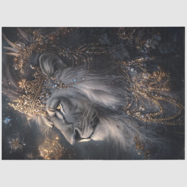 Decoupage Elaborate Lion Golden Crown Royalty  Tissue Paper (Front)