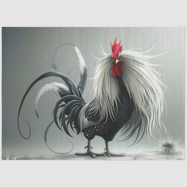 Decoupage Elaborate Rooster Long White Feathers  Tissue Paper (Front)