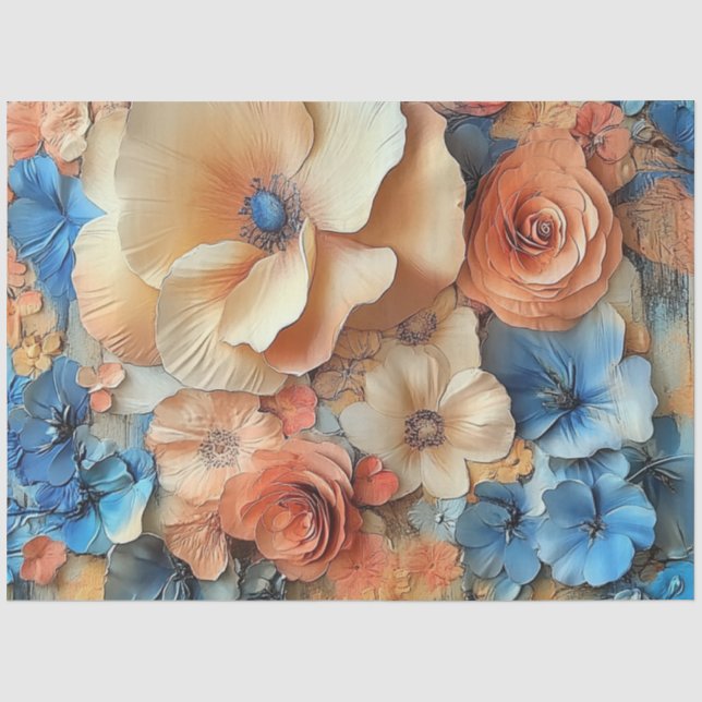 Decoupage Elegant Pastel Flowers Blue Peach Cream Tissue Paper (Front)