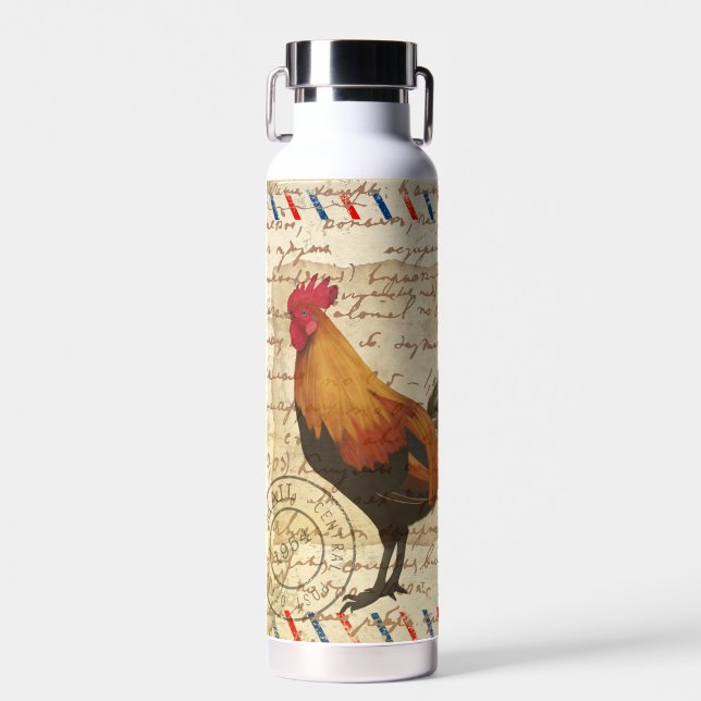 Decoupage Ephemera Rooster Barn Farm Water Bottle (Front)
