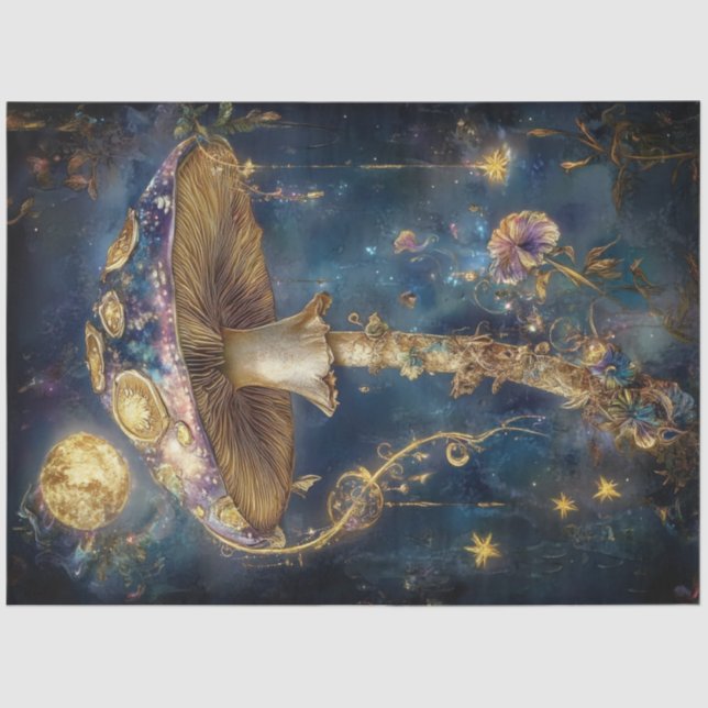 Decoupage Fantastical Blue Golden Mushroom  Tissue Paper (Front)