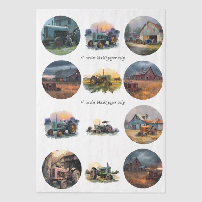Decoupage Farm Life 4" Coaster Set Rustic  Tissue Paper (Front)