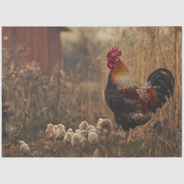 Decoupage Farm Rooster With Chicks Field Red Barn  Tissue Paper (Front)