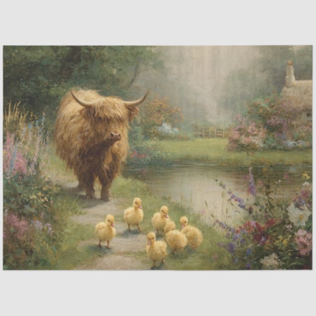 Decoupage Farm Scene Highland & Ducklings Pond Tissue Paper (Front)