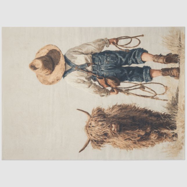 Decoupage Farmer Boy Highland Calf  Tissue Paper (Front)