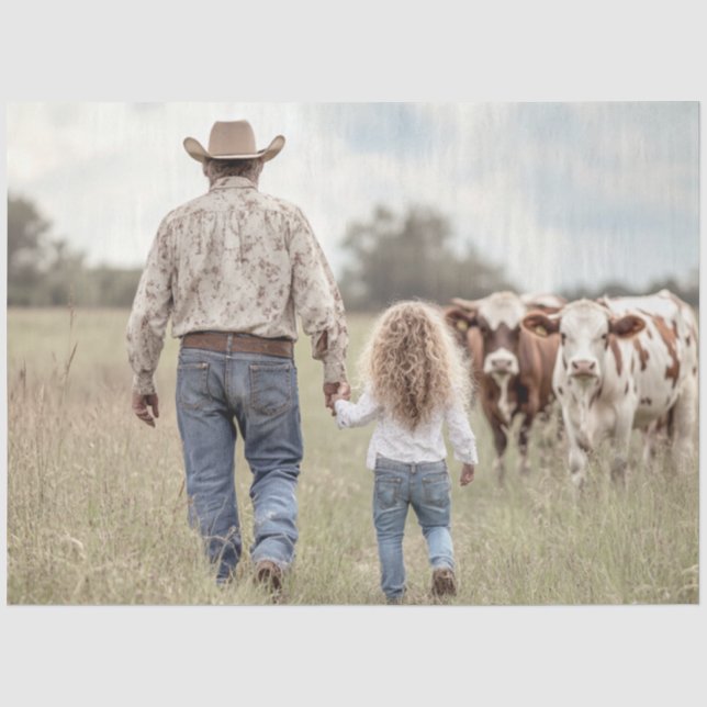 Decoupage Father Daughter Hand n Hand Cow Field Tissue Paper (Front)