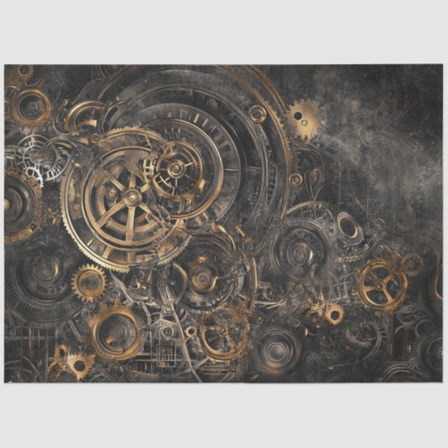 Decoupage Faux Finish Stenciled Gears Bronze Metal Tissue Paper (Front)