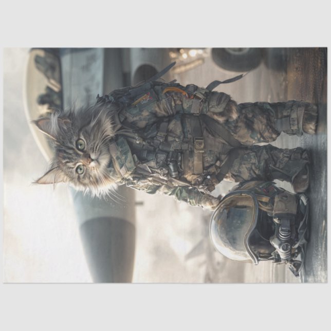 Decoupage Feline Cat Air Force Pilot in Camouflage Tissue Paper (Front)