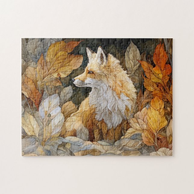 Decoupage Fox with Autumn Leaves Art Nouveau Jigsaw Puzzle (Horizontal)