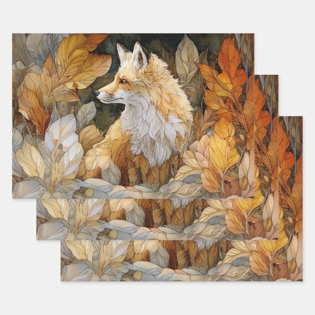 Decoupage Fox with Autumn Leaves Art Nouveau Wrapping Paper Sheets (Set)