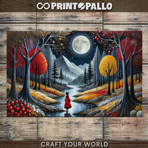 Decoupage - Girl in red and Autumn moon landscape  Tissue Paper