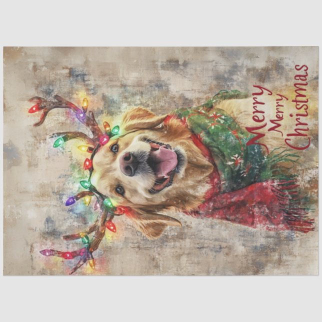Decoupage Golden Retriever Holiday Attire Antlers Tissue Paper (Front)