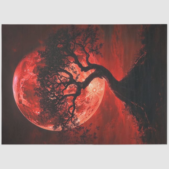 Decoupage Gothic Red Moon Black Tree Crimson Hues Tissue Paper (Front)