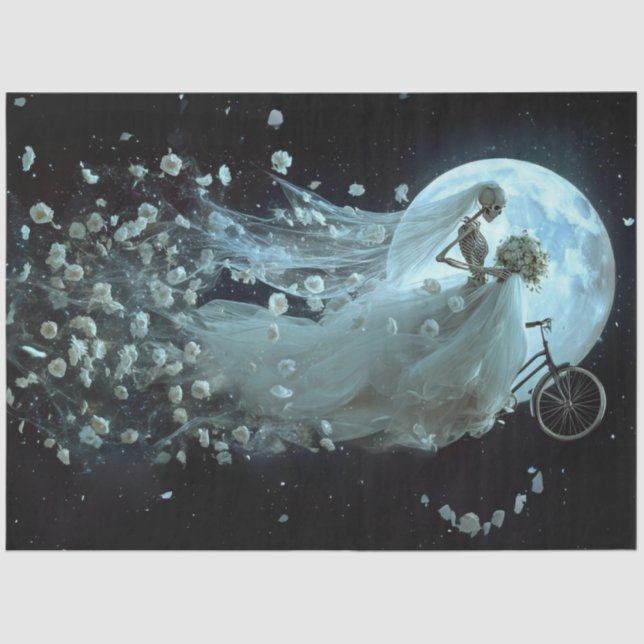Decoupage Gothic Skeleton Bride Bicycle White Veil Tissue Paper (Front)