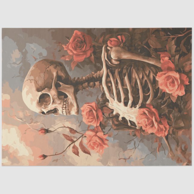 Decoupage Gothic Skeleton Surrounded Peach Roses Tissue Paper (Front)