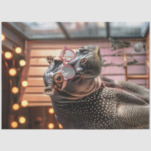 Decoupage Gray Hippo With Large Pink Glasses Tissue Paper