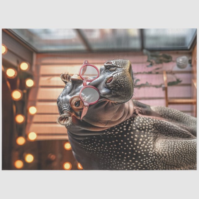 Decoupage Gray Hippo With Large Pink Glasses Tissue Paper (Front)