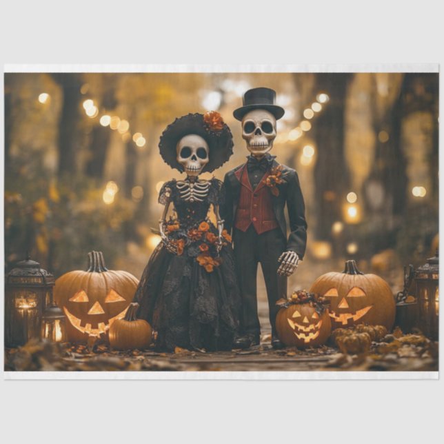 Decoupage Halloween Skeleton Couple Landscape Tissue Paper (Front)