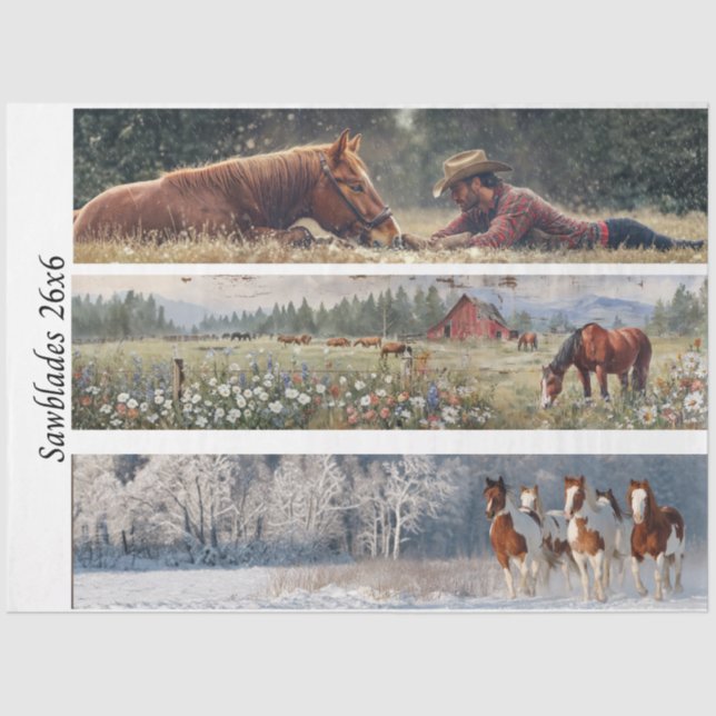 Decoupage Handsaw Design Cowboy, Red Barn, Horses Tissue Paper (Front)