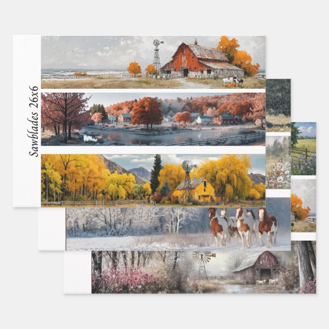 Decoupage Handsaw Designs Red Barn, Yellow Barn,  Wrapping Paper Sheets (Set)