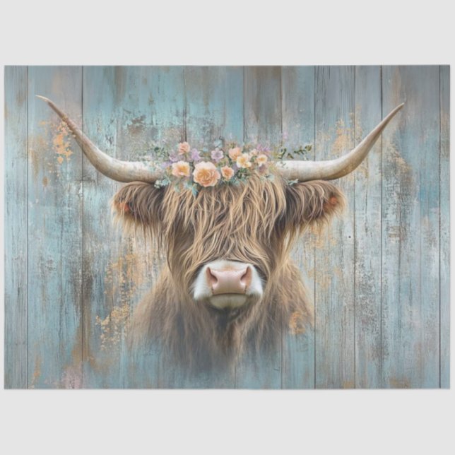 Decoupage Highland Cow Blue Distressed Background  Tissue Paper (Front)