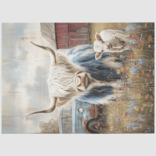 Decoupage Highland Cow Blue Truck Red Barn Scene Tissue Paper